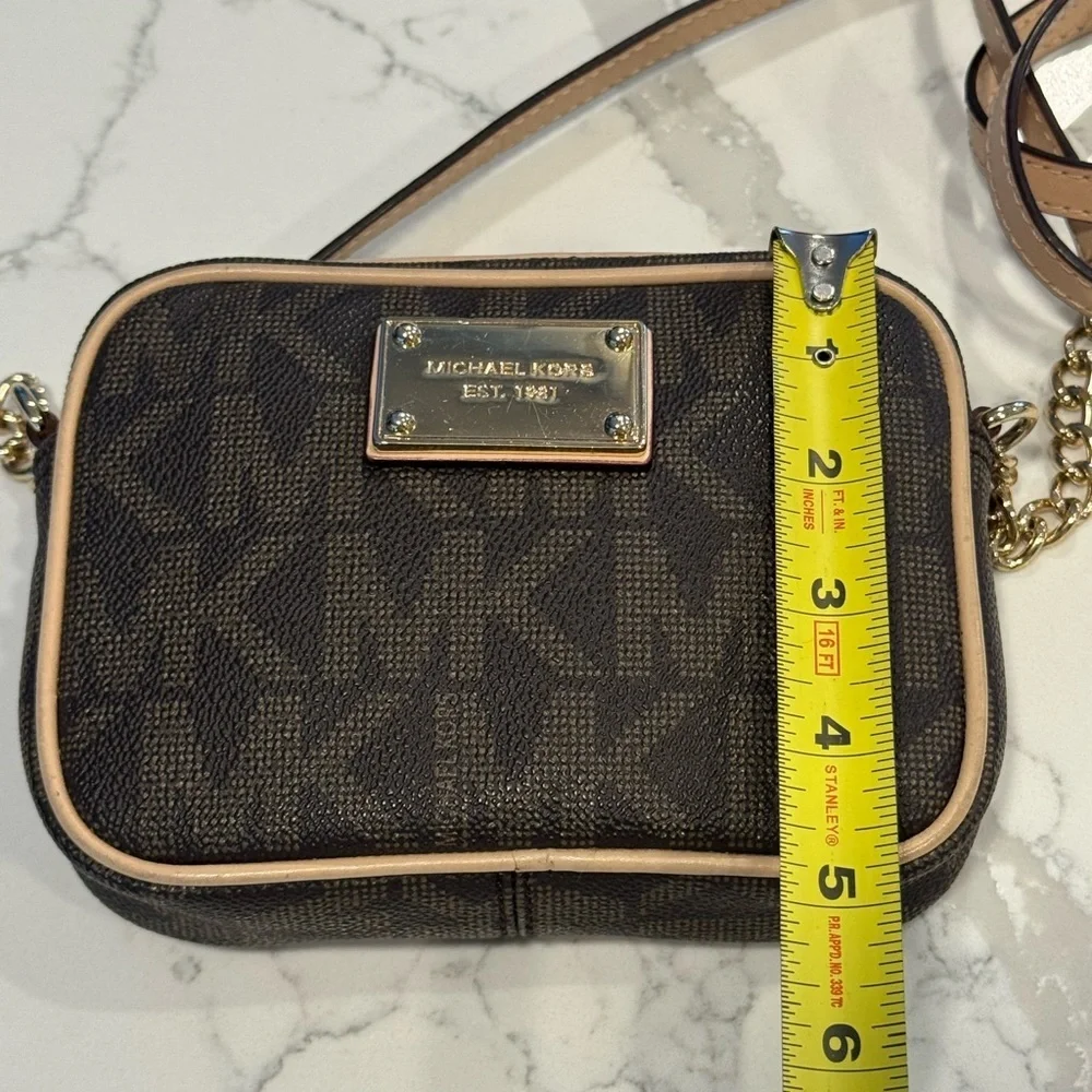 Michael Kors Dark Brown Monogram Camera Crossbody Bag with Gold Accents